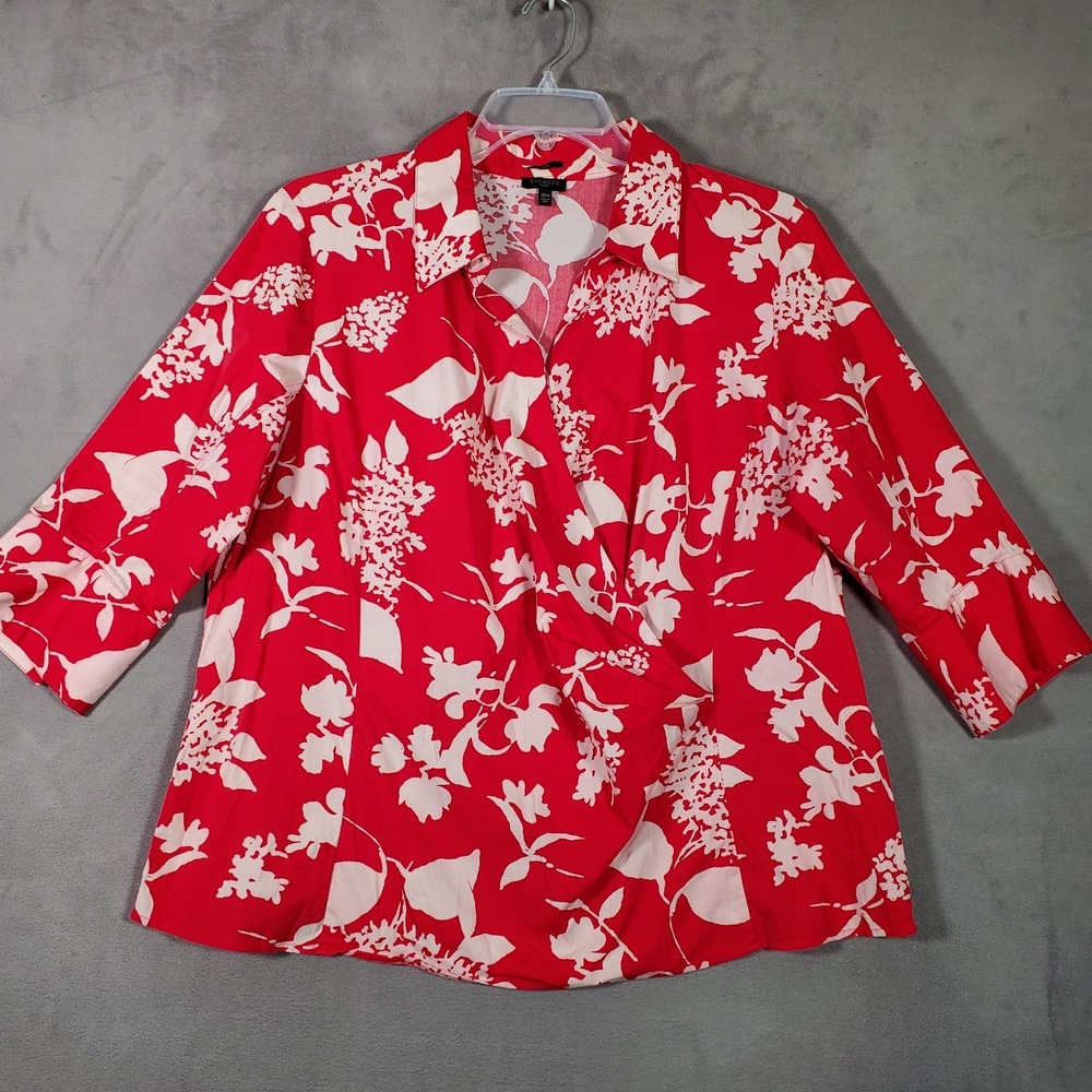 Talbots Faux Wrap Top Womens 20W Red White Floral 3/4 Sleeve Artsy Boho‎ Maximal